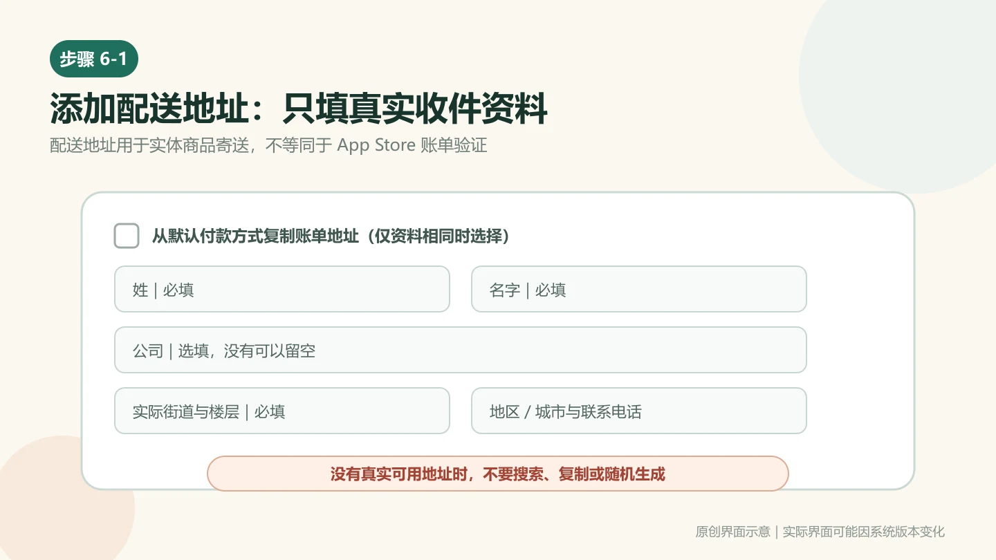Apple 账户添加配送地址表单中的姓名公司街道地区和电话填写说明
